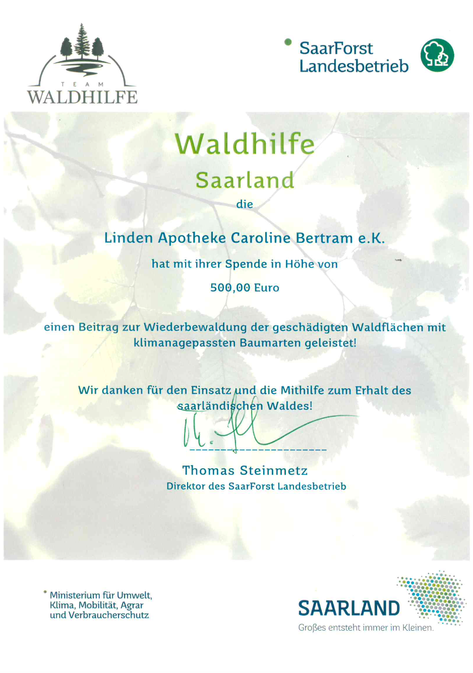 Waldhilfe Saarland Linden Apotheke Spende